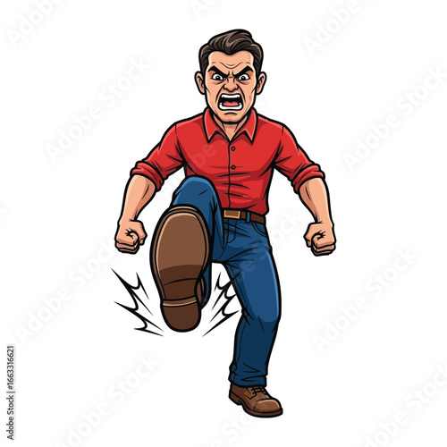 Aggression Unleashed: A stylized illustration captures the peak of rage. A man in a red shirt and blue jeans delivers a powerful kick, expressing frustration and conflict.