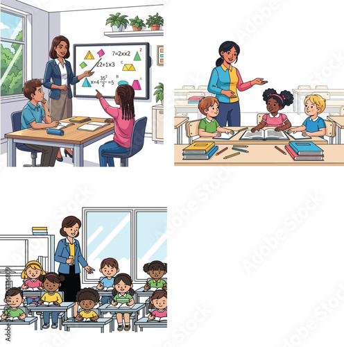 Teacher instructing students in a classroom, explaining math concepts and lessons.