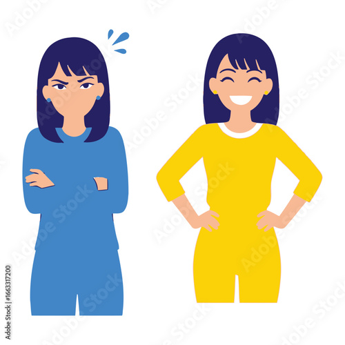 Conflicting Emotions: Depicting contrast between anger and happiness in a vector illustration, capturing the duality of human feelings.