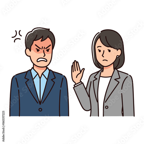 Disagreement at Workplace: Two colleagues engaged in a tense confrontation, their body language communicating a breakdown of understanding amidst workplace disputes.