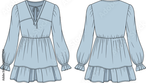 Boho Mini Dress Technical Flat Sketch (CAD) | Long Sleeve Tunic Vector with Ruffle Hem and Tie Neckline

