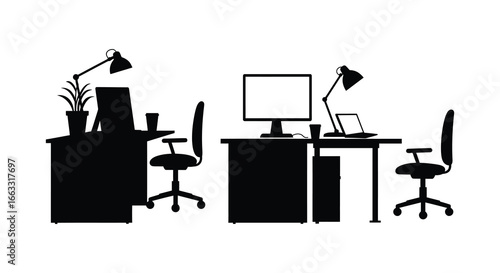 office workspace with computer and furniture in simple silhouette style