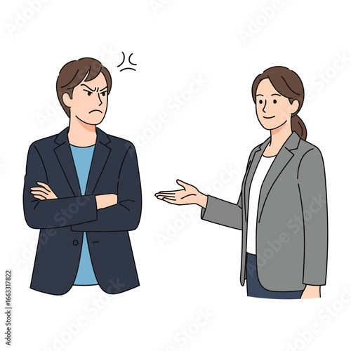 Dissonance: Two colleagues grapple with a disagreement, one projecting anger, the other offering an amicable gesture, as they navigate a conflict-ridden moment in the office.
