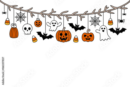 Hanging Halloween decor, pumpkins lanterns bats spiders webs ghosts, cute garland across top, clean vector background
