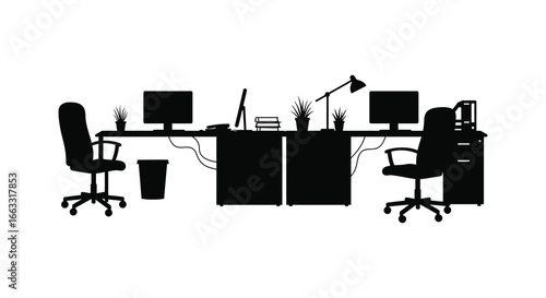 office workspace with two desks and computer equipment in a simple silhouette style