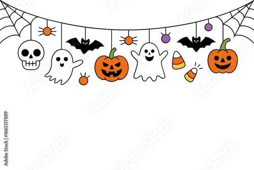 Halloween hanging garland border, skulls pumpkins bats, minimal curved string, clean vector header