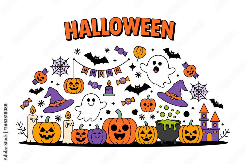 Obraz premium Halloween party scene, cute ghosts pumpkins bats, candy buckets and stars, festive vector illustration