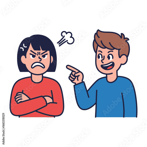 Discord in Dialogue: Depicts a dynamic illustration of two individuals in a tense exchange, with one visibly irritated and the other expressing disapproval. 