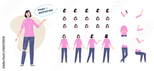 woman male character for animation. Creation set with various views, face emotions, poses and gestures.