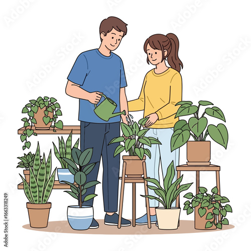 Cultivating Together: A tender moment unfolds as a couple nurture their indoor garden, showcasing a shared appreciation for nature and the joy of mindful living.