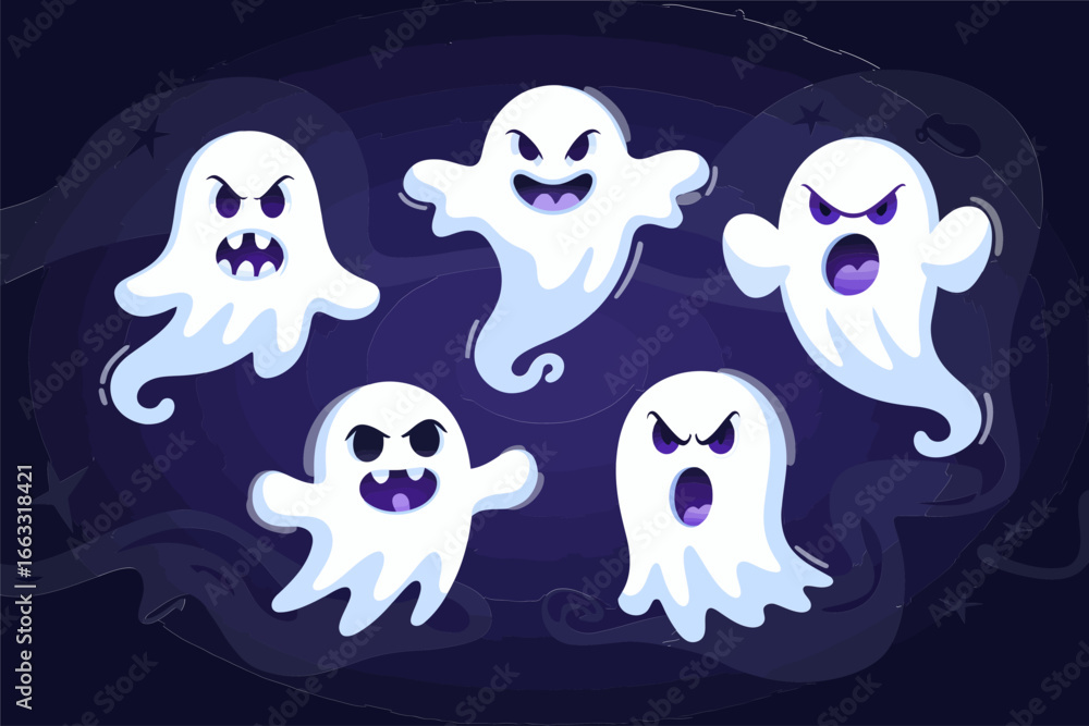 Obraz premium Friendly ghost squad, seven floating spirits, deep purple background, cute Halloween vector, character pack