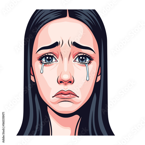 Tears of Sorrow: This impactful illustration captures the raw emotion of a woman's grief, showcasing teardrops falling from her eyes, conveying a feeling of pain and heartache.