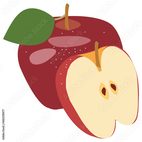 Ripe red apple fruit with apple half and green apple leaf isolated on white background Illustrator This is an EPS File
