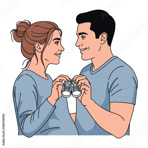 New Beginning: A couple shares a tender moment of anticipation, holding baby shoes and looking at each other in expectation. a beautiful depiction of parenthood and the promise of new life.