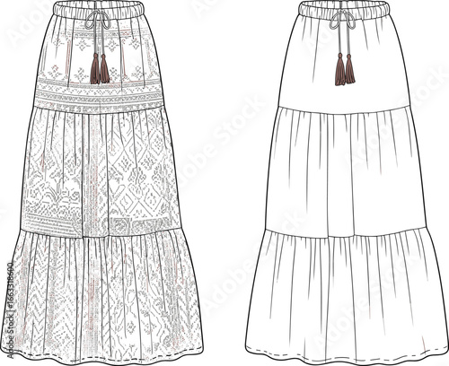 Boho Tiered Skirt Technical Flat Sketch (CAD) | Long Skirt Vector with Drawstring Waist and Ethnic Pattern

