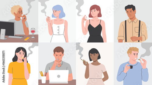 Illustration of diverse individuals smoking cigarettes, cigars, and pipes in casual and formal settings, symbolizing lifestyle and social habits
