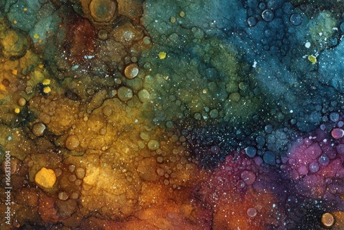 Abstract cosmic artwork with swirling colors and bubble textures