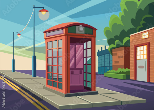 A cheerful and colorful illustration of a city street scene, featuring a classic red telephone booth as a central element.