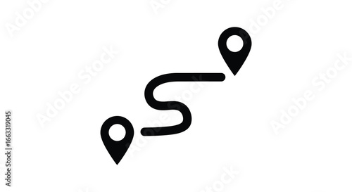 A black line with two location pins on a white background