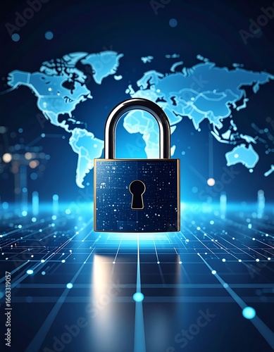 A digital padlock, symbolizing global security, sits over a network graphic