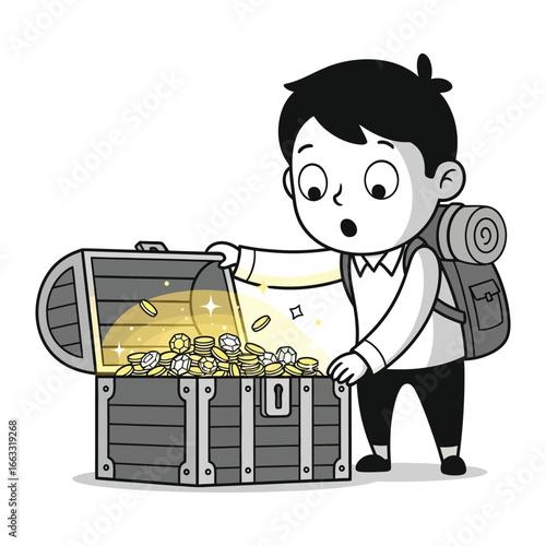Treasure Discovery: An adventurous young boy, discovers a treasure chest filled with golden coins. The image captures a moment of awe, and excitement.
