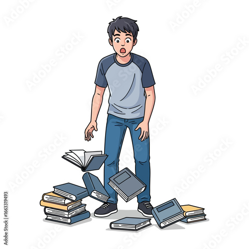 Oops! Book Mishap: A student experiences a moment of shock as books spill from their grasp. A visual narrative of everyday challenges and the weight of knowledge.