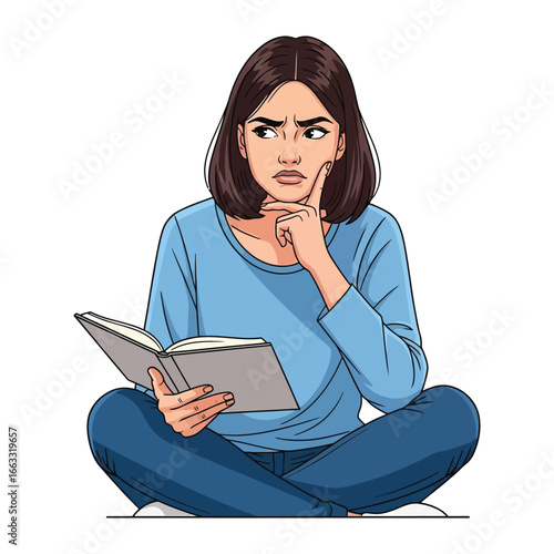 Deep in Thought with Literary Companion: A contemplative woman sits with her legs crossed, immersed in a book, her face etched with concentration, hinting at the mental journey she's undertaking.