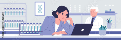 Illustration of two researchers in a genetics lab with laptop, test tubes, and DNA artwork, symbolizing scientific research and collaboration