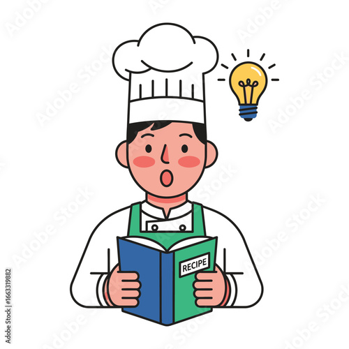 Culinary Innovation: A chef's moment of inspiration is captured as he pores over a cookbook, with an illuminated lightbulb above his head, symbolizing a burst of culinary creativity.
