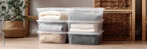 Stacked clear plastic storage boxes with folded sweaters inside