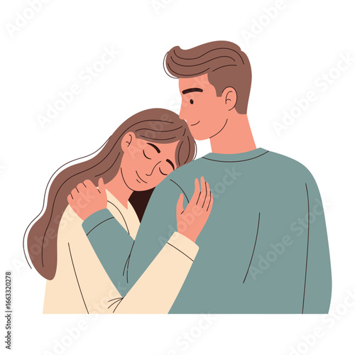 Embrace in solace: A couple embraces, capturing a moment of comfort, love and affection. The image conveys emotion through soft colors and the intimate connection between the two people. 