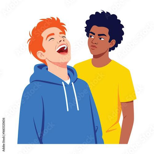 Laughter and Disapproval:  A vibrant illustration captures a moment of contrasting expressions, as one individual bursts into unrestrained laughter while another offers a look of skepticism. 