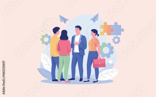 Illustration of diverse professionals in discussion with gears, puzzle pieces, and paper planes, symbolizing teamwork and workplace innovation