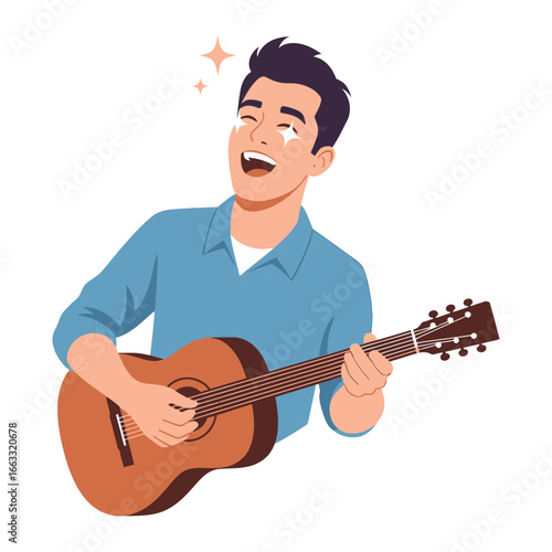 Melodious Expression: A man, beaming with joy, strums a classic acoustic guitar, his face alight with the sparkle of a genuine passion for music.