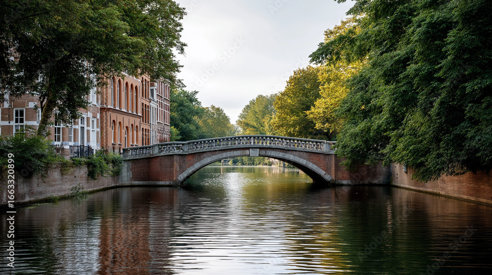 Fototapeta premium Aredbrickbridgeoveracanallightedbysoftillumination