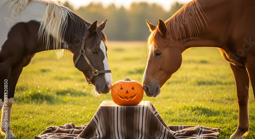 Autumnal equine encounter, two horses curiously inspect a festive