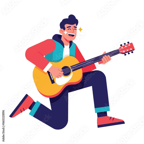 Music Enthusiast's Joyful Performance: A vibrant illustration showcases a cheerful individual playing a guitar with pure delight, radiating the lively spirit of music.