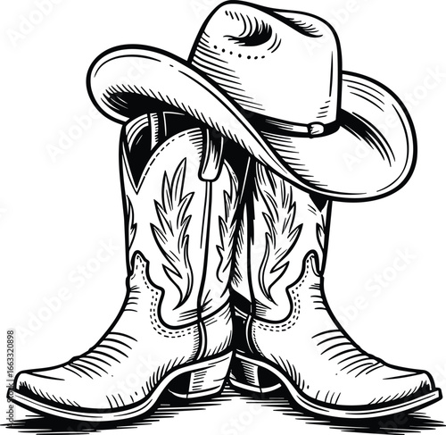Cowboy Boots and Hat Illustration, Western Cowboy Vector