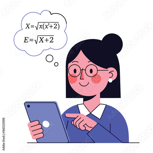 Digital Education: A thoughtful teacher delves into complex mathematical equations on a sleek digital tablet, a modern representation of teaching and learning.