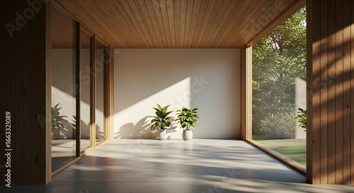 Sunlit minimalist interior showcasing wood, glass, and plants for refined living