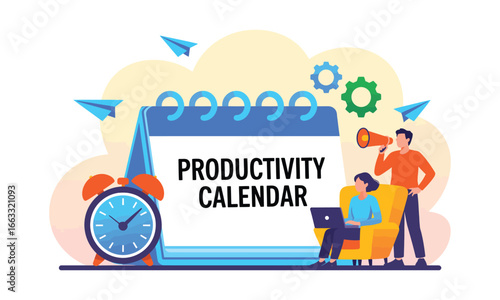 Illustration of people with productivity calendar, alarm clock, gears, and megaphone, symbolizing planning, motivation, and time management
