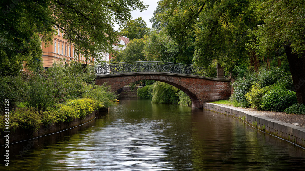 Fototapeta premium Ared brick bridge over a serene canal at sunset