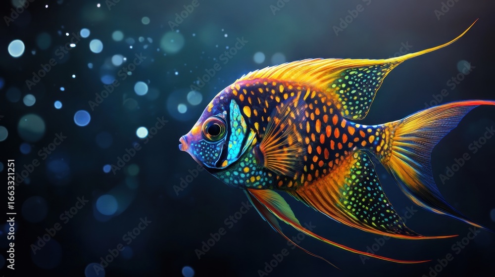 Fototapeta premium Vibrant portrayal of a multicolored angelfish in a dark underwater setting full of life