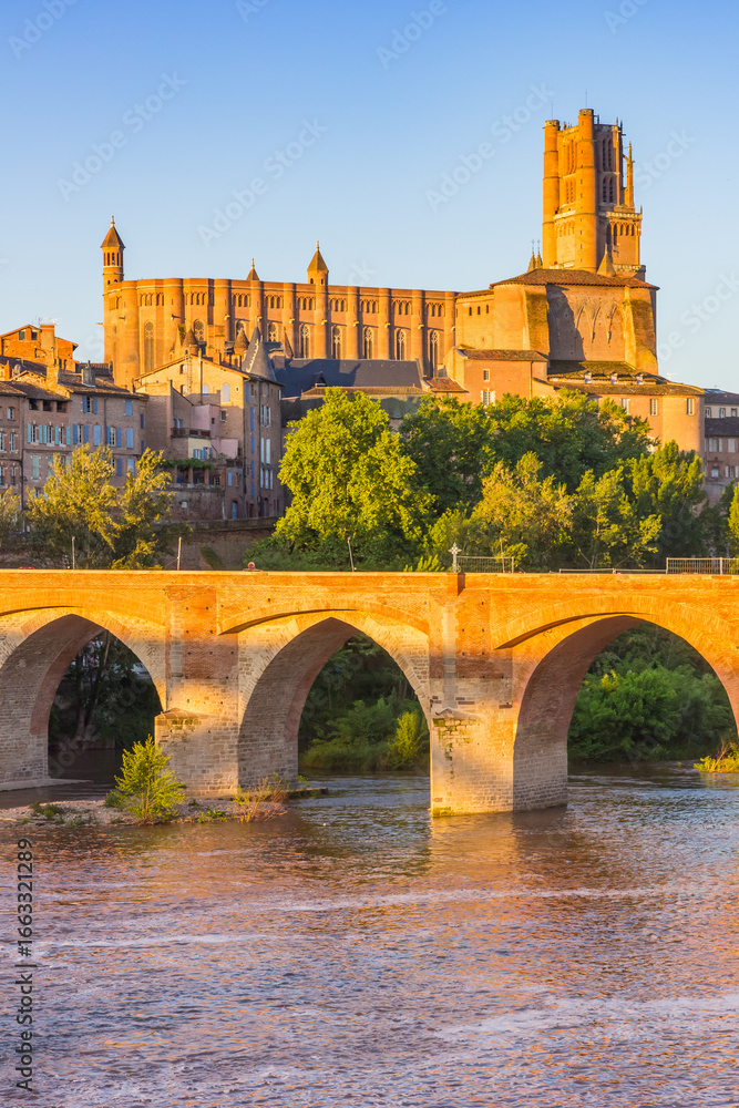 Obraz premium Cathedral and Pont Vieux bridge at early morning light in Albi, France