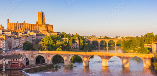 Bild auf Leinwand Panorama of the historic cathedral and Tarn river in Albi, France