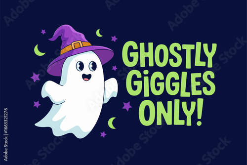Ghostly giggles only design, smiling ghost character, bright green lettering, playful Halloween vector
