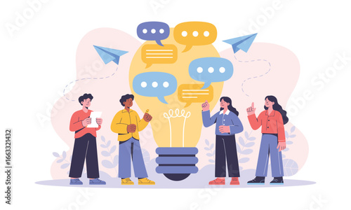 Illustration of diverse group around large light bulb with speech bubbles and paper planes, symbolizing brainstorming and creative collaboration