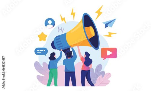 Illustration of people holding megaphone with icons and lightning bolts, symbolizing digital marketing, communication power, and social media reach