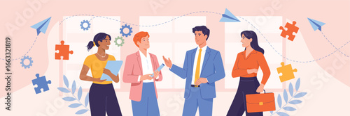 Illustration of four professionals in discussion with gears, paper planes, and puzzle icons, symbolizing teamwork, problem-solving, and innovation