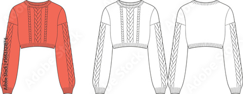 Braided cropped sweater illustration, front and back fashion views, stylish knitwear design, garment template, CAD drawing flat vector illustration
